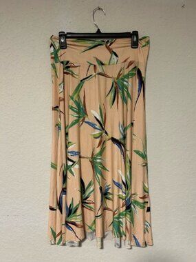 Boho Tropical Print Maxi Skirt Stretchy Waist Flowy Summer Resort Beige Green